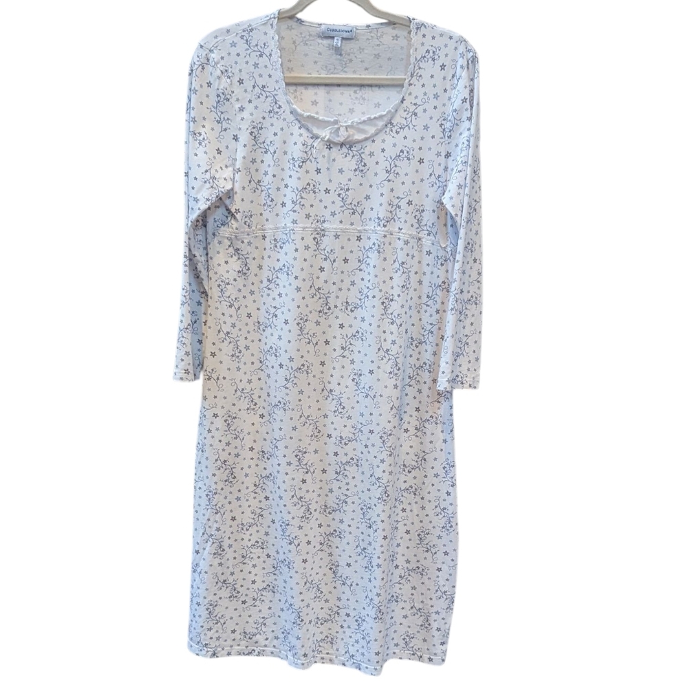 Cuddledown, White And Periwinkle,  Floral Pima Cotton Nightgown. Small